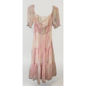 Midi Long Tiered Dress Milkmaid Pink Tie Dye Smocked Sleeve Sz M Cottagecore   N